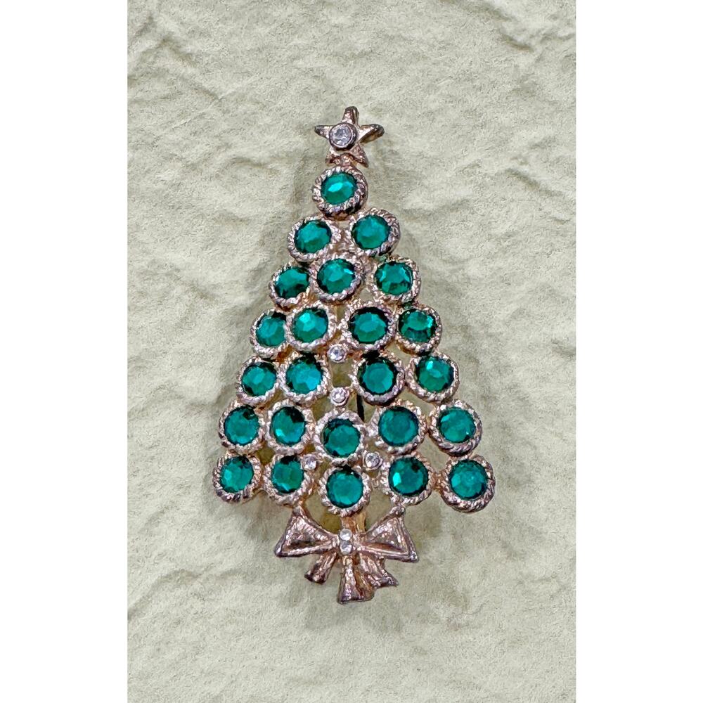 Mid-Century Green and Gold Rhinestone Christmas Tree Brooch Pin CP17 - Picture 4 of 5